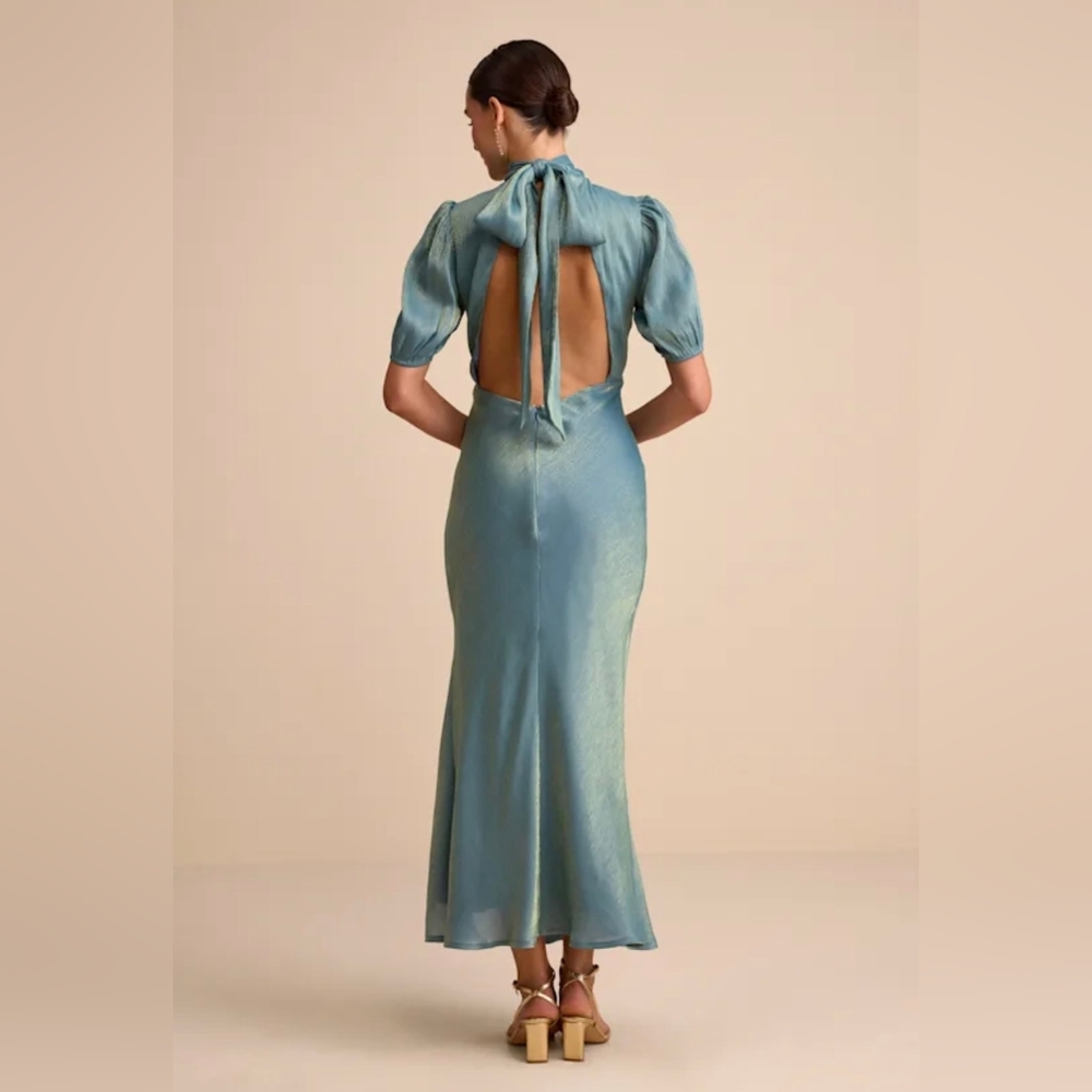 NWT Lulus Talira Light Blue & Gold Satin Lurex Mock Neck Cutout Maxi Dress - S